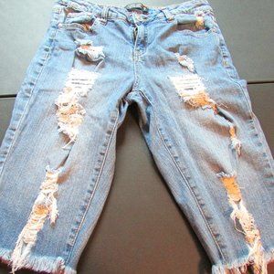 Almost Famous Women's Size 9 Blue High Rise Bermuda Distressed Jean Shorts